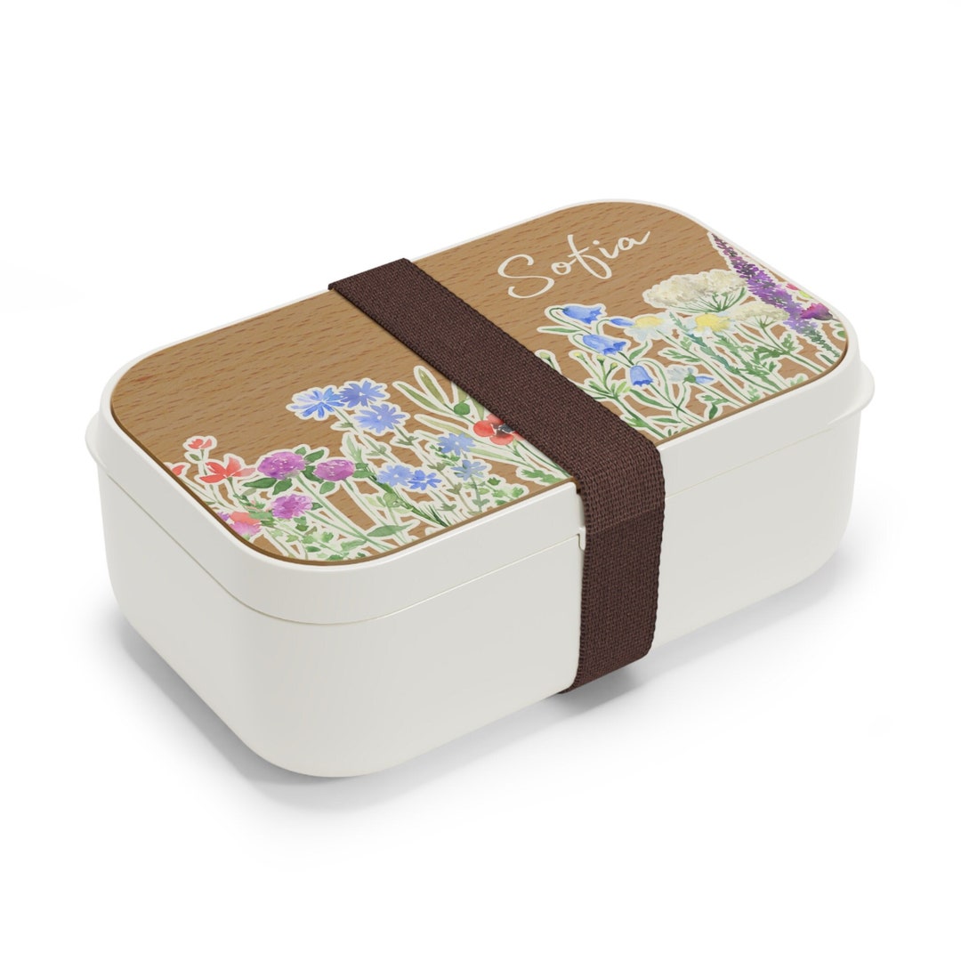 Bento Box for Adults, Wood Bento Box, Monogram Bento Box, Cottagecore Bento Box, Wildflower
