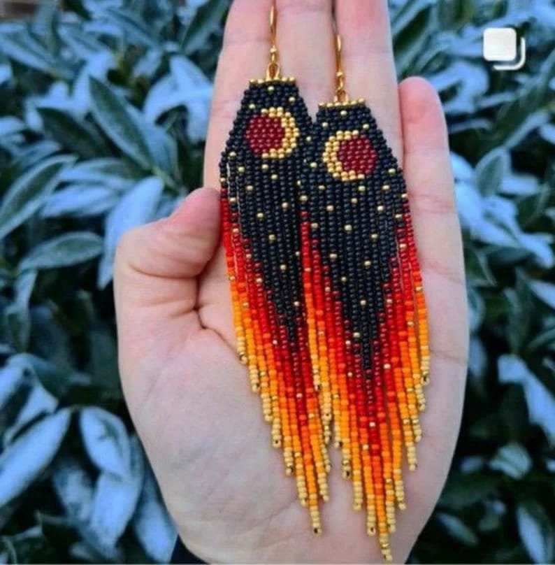 Beadwork earrings, Multi Colours earrings Beaded earrings Ethnic earrings American native Seed beads earrings authentic Fringe earrings Boho earrings