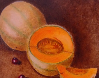Original Still-life - oil, Melon and Cherries