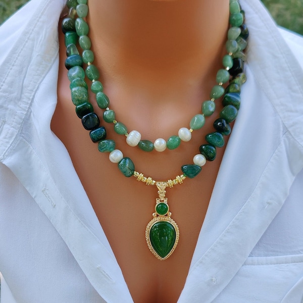 Unique jade necklace, Eye-catching large size necklace set, Special gift set for women, Bright green jewelry set,