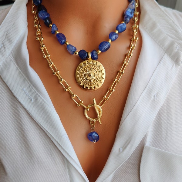 Stylish set with Big Blue Lapis stone, Unique sky blue design, brilliant blue stone necklace,