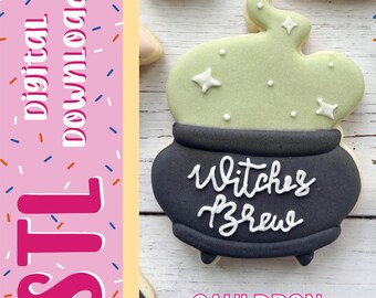 Può includere: Un biscotto a forma di calderone nero con liquido verde chiaro gorgogliante sulla parte superiore. Il calderone presenta la scritta bianca Witches Brew. L'immagine include una barra laterale rosa con il testo digital download, STL e CAULDRON.