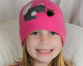 Kids Squirrel Hat 100% Cashmere Handmade embroidered applique crystal eye