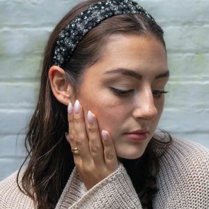 Celine Beaded Headband Black Fine Quality Ribbon with Sequence, Beads, & Silver Tread