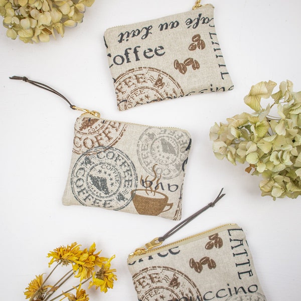 Coffee Delight Mini Pouch Beige and Brown Coffee Bean Printed Cotton Pouch
