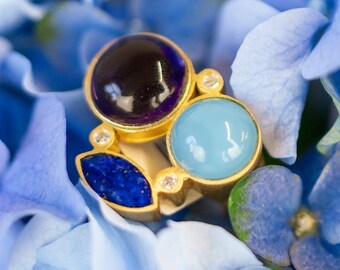 Drei-Stein-Statement Ring - übergroßer handgemachter Ring, ausgefallener Statement Schmuck für Damen
