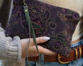 Autumn Velvet Zipper Wristlet Purple Vintage Velvet Paisley Print Fabric