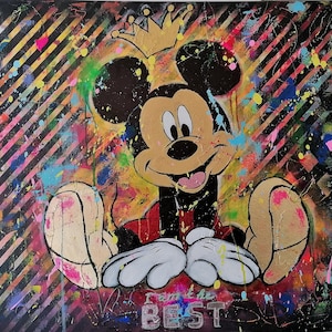 Corona caprichosa de Mickey Mouse, estilo pop art de Disney, pintura moderna original única, arte de decoración hecho a mano, arte de pared grande hecho a mano, dibujos animados