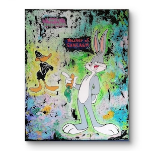 El Pato Lucas y Bugs Bunny caprichosos con frases ingeniosas Pintura acrílica: un giro lúdico al arte pop Arte de fan Arte de decoración Pintura irónica