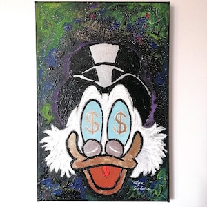 お金が大好き ディズニー スクルージ マクダックとお金 ポップアート ユニークなオリジナルのモダンな絵画 アクリル絵の具で手作り 家具アート ユニーク