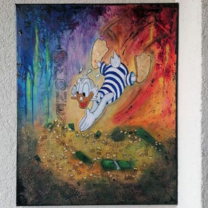 Pintura pop art caprichosa de Scrooge McDuck: un giro peculiar a la riqueza y la aventura. Un homenaje al dinero y la nostalgia Arte de decoración Fan Art