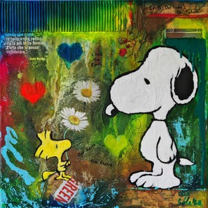 Snoopy & Woodstock &quot;Our Earth&quot; Mixed Media Painting Unique Peanuts Comic Art Ready to Hang Gift Idea Wall Decor Pop Art Fan Art Cartoon art