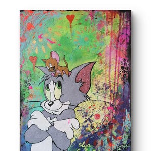 Tom en Jerry Cartoon Pop art Uniek origineel modern schilderij Handgemaakt met acrylverf Meubelkunst Unieke fanart
