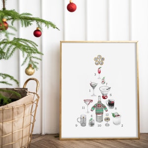 クリスマスカクテルの12日間プリント - ホリデーバーカートアート、クリスマスアート、クリスマスデコレーション、カクテルアート、アドベントカレンダー、ホリデー