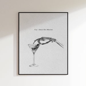 Martini "Bone-Dry" Skeleton Hand Halloween Drawing Print- Bar Cart Art, Kitchen Art, Halloween Art, Halloween Decor, Cocktail Art