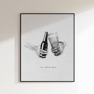 Bier "Witches Brew" Skeleton Hand Halloween Tekening Print-Bar Cart Art, Keukenkunst, Halloween Kunst, Halloween Decor, Bierkunst
