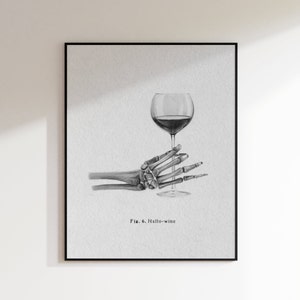 Wine "Hallo-wine" Skeleton Hand Drawing Print- Bar Cart Art, Kitchen Art, Halloween Art, Halloween Decor, Wine Art