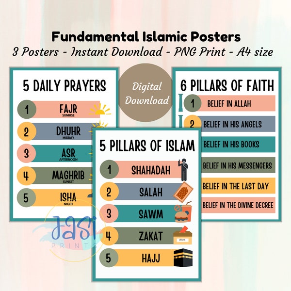 Educational Posters Islamic 5 pillars 6 pillars and salah For Toddlers Children Home School Bedroom Learning Muslim Prints 5 daily prayers