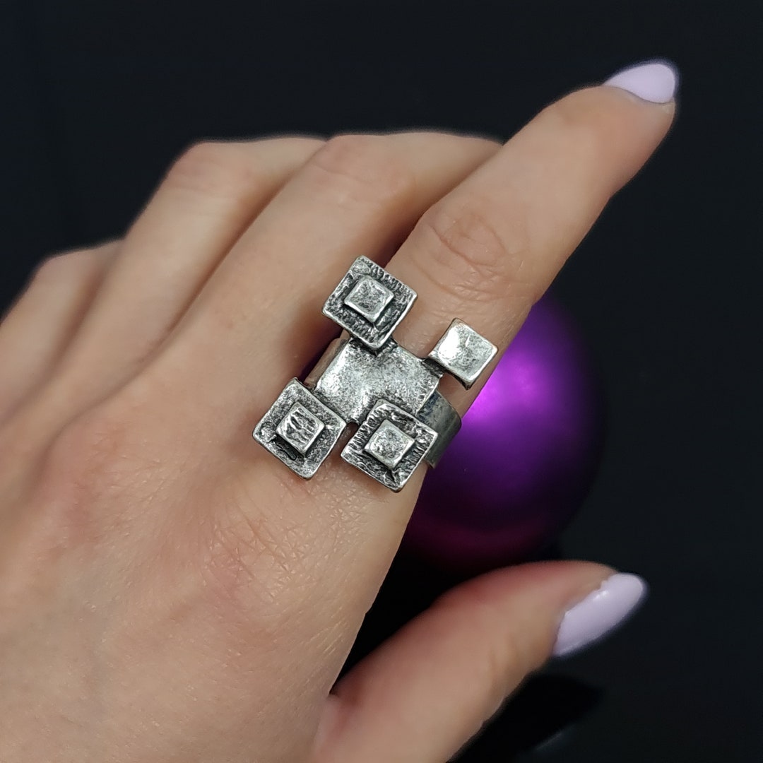 Antique Silver SQUARE Lines Ring, Geometric Minimalist Modernist Unique ...