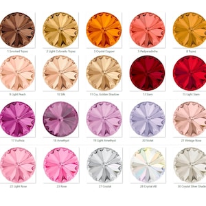 May include: A chart of 10 different colours of round glass rhinestones with a flower-like design in the centre. The colours are: smoked topaz, light Colorado topaz, crystal copper, padparadscha, topaz, light peach, silk, golden shadow, Siam, light Siam, fuchsia, amethyst, light amethyst, violet, vintage rose, light rose, rose, crystal, crystal AB, and crystal silver shade.