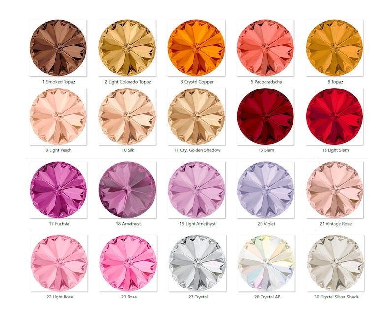 May include: A chart of 10 different colours of round glass rhinestones with a flower-like design in the centre. The colours are: smoked topaz, light Colorado topaz, crystal copper, padparadscha, topaz, light peach, silk, golden shadow, Siam, light Siam, fuchsia, amethyst, light amethyst, violet, vintage rose, light rose, rose, crystal, crystal AB, and crystal silver shade.