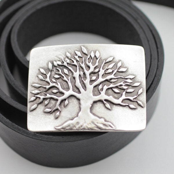 Vintage Engraved Tree Belt Buckle - Landscape  - Giving - Cypress Oak - Mountains - Gifts for Her or Him - Love of Life Silver, GS253