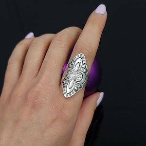 Silver Flower Ring, Silver Long Ring, Boho Ring, Ancient Hippie Ring, Indian Ring, Adjustable Ring, Ring for Women, Christmas Gift, R394