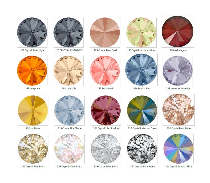 May include: Assortment of 15 different coloured crystal rhinestones. The rhinestones are round and have a faceted design. The colours include silver, gold, green, red, orange, peach, blue, lavender, yellow, white, and black.