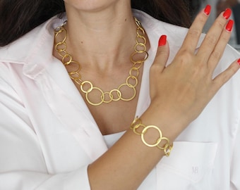 Silver Link Chain Jewelry Set, Gold Matt Brushed Necklace, Gold Link Bracelet, Large link open hoop Earrings, Modernist Jewelry, ZM1180