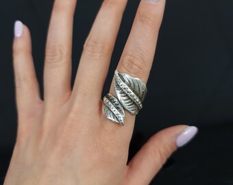 Silver Leaf Ring, Wrapped Ring, Adjustable Ring, Statement Rings, Boho Jewelry, Brass Ring, Nature Ring, Gift for Her, Christmas Gift, R01