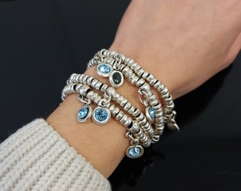 Blue Crystal Charms armband, zilveren wikkelarmband, meerlaagse armband, handgemaakte armband, armband voor vrouwen, B348 Aquamarijn