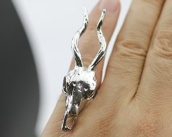Rhodium Plated Skull Ring, Antelope Skull Ring, Impala Skull, Bull Ring, Gothic Ring, Animal Ring, Animal Jewelry, Animal Gift, R57rh