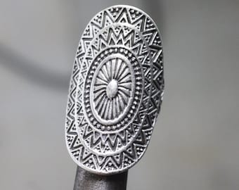 Ethnic Silver Ring, Long Mandala Ring, Long Statement Ring, Antique Silver Ring, Bohemian Jewelry, Mother's Day Gift, Christmas Gift, R86AS