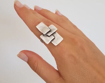 Adjustable Geometric Ring, Wall Ring, Silver Boho Ring, Square Ring, Ractangle Ring, Brutallist Ring, Brown Ring, Christmas Gift, R1050 as