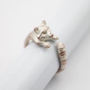 Peut inclure: Bague en métal blanc avec un motif de raton laveur. Le raton laveur est enroulé sur lui-même, sa queue entourant la bande de la bague.