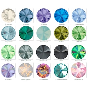 May include: Assortment of 10mm round crystal rhinestones in various colours, including moonlight, Montana, tanzanite, sapphire, light sapphire, aquamarine, emerald, pacific opal, olivine, peridot, chrysolite, black diamond, jet hematite, jet, crystal VM, crystal VL, light grey opal, crystal volcano, crystal Bermuda blue, and light rose AB.