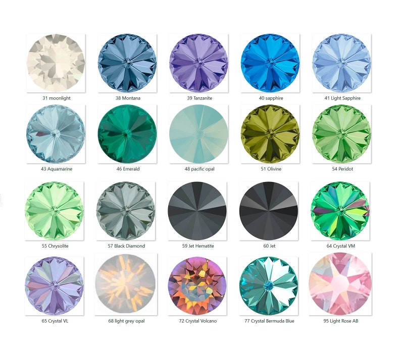 May include: Assortment of 10mm round crystal rhinestones in various colours, including moonlight, Montana, tanzanite, sapphire, light sapphire, aquamarine, emerald, pacific opal, olivine, peridot, chrysolite, black diamond, jet hematite, jet, crystal VM, crystal VL, light grey opal, crystal volcano, crystal Bermuda blue, and light rose AB.