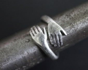 Anillo de plata antiguo, anillo de mano de plata, joyería llamativa, anillo de abrazo, anillo apilable, anillo de pareja, anillo de diseño lindo, regalo romántico R391 AS