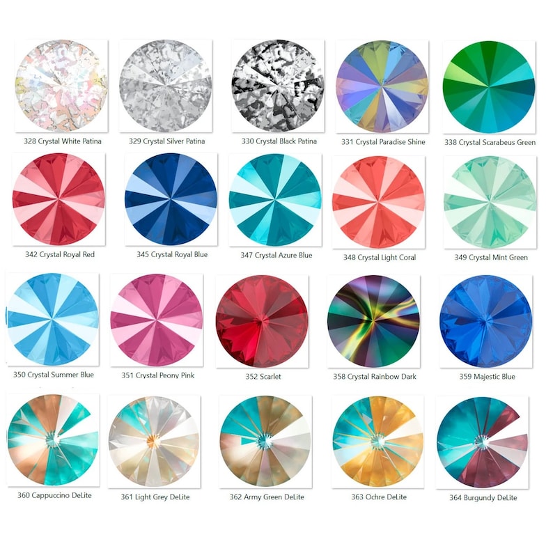 May include: A collection of 18 round, faceted crystal rhinestones in various colours, including white, silver, black, red, blue, green, pink, and turquoise. Each rhinestone has a starburst pattern.