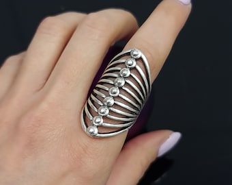 Silver Long Ring, Stylish Ring, Boho Silver Ring, Gothic Ring, Hippie Ring, Adjustable Silver Ring, Large Ring, Mother's Day Gift, R80