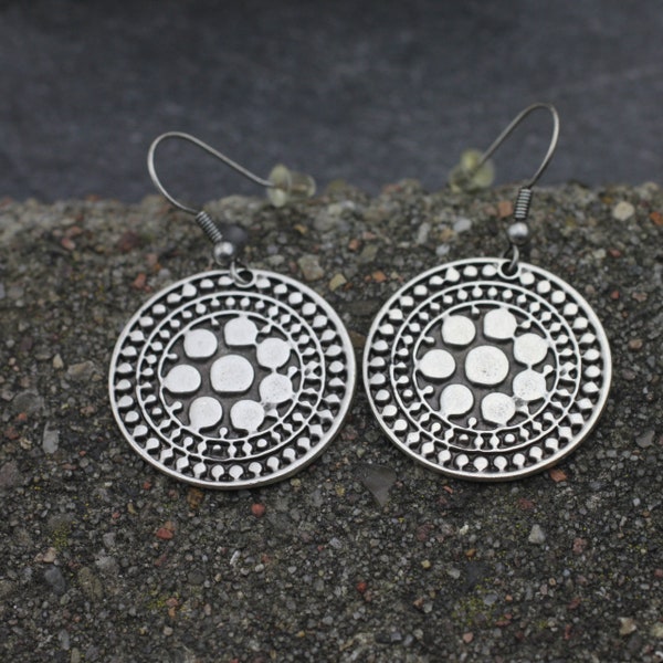 Silver Dotted Flower Earrings Dangle, Round Earrings, Dangle Earrings, Hook Earrings, Boho Earrings, Women Earrings, Christmas Gift, ZM599