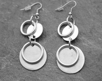 Silver Round Earrings, Circles Earrings, Sterling Silver Plated Artisan Earrings, Long Dangle Earrings, Christmas Gift, E272