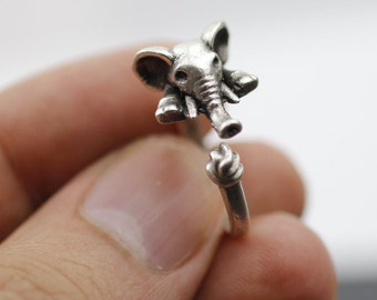 Anillo de elefante de plata, anillo de animales envolvente, elefante lindo, anillo de animales mínimo, joyería de animales, anillo de plata ajustable, regalo de Navidad, R372 AS
