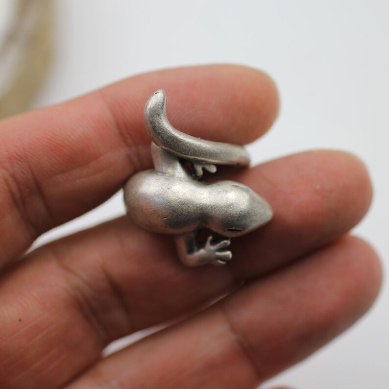 May include: A silver-toned metal lizard charm with a curled tail. The charm is detailed with a textured surface and is suitable for jewelry making.