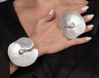 Silver Large Statement Rings, Lotus Leaf Jewelry Set, Boho Jewelry, Hippie Full Finger Ring, Big Open Circle, Oversize Ring, Gift for Her