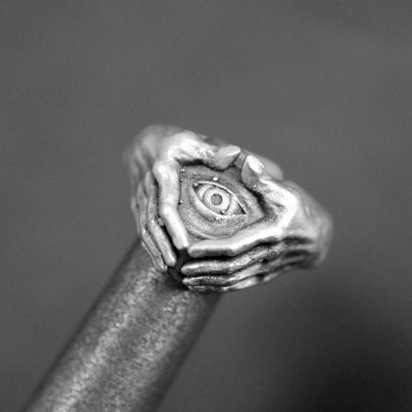 Auge der Vorsehung Ring für Männer, Sterling Silber Illuminati Symbol Blumen Ring, Handgemachter Schmuck für Männer, R373 AS