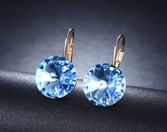 Pendientes de cristal de 14 mm, pendientes de cristal Swarovski, 60 opciones de color, pendientes elegantes, pendientes de palanca de piedras redondas, pendientes de pedrería