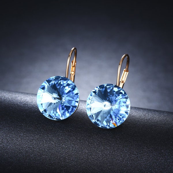 14mm Crystal Earrings, Swarovski Crystal Earrings, 60 Colour Options, Elegant Earrings, Round Stones Leverback Earring, Rhinestone Earrings