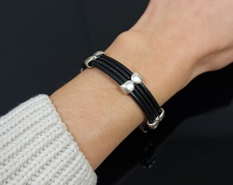 Handmade Genuine Leather Bracelet, Silver Material Black Bracelet, Black Leather Bracelet, Boho Black Bracelet, Casual Leather Bracelet, B71