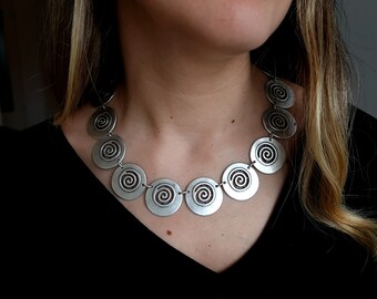 Silver Spiral Round Necklace, Boho Necklace, Sun Necklace, Swirl Necklace, Geometric Necklace, Spiritual Necklace, Christmas Gift, C1000